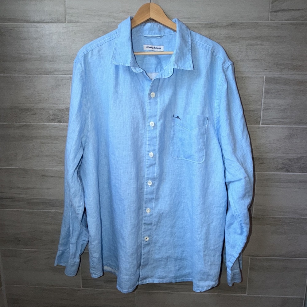 Tommy Bahama Shirt Men's XL Blue 100% Linen Chambray Button Up Orlando Graphic